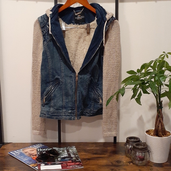 Hooded Fuzzy Denim Jacket with Knit Sleeves - Picture 1 of 3